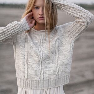 Handmade Gurenkova Knitwear Women's Cropped Gray Cable Knit Wool Sweater, Size M